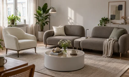Cupra Sofagarnitur in Grau und Creme – Wohnbeispiel