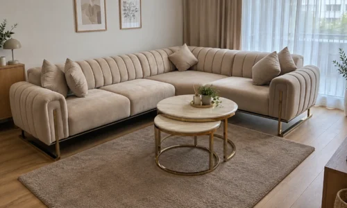 Dora Channel Ecksofa in Beige – Wohnbeispiel