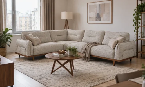 Elara Wood Ecksofa in Creme – Wohnbeispiel