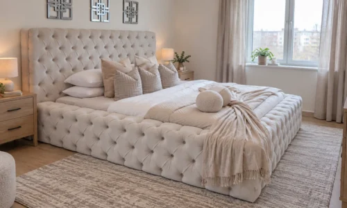 Ivory Quilted Polsterbett in Creme – Wohnbeispiel