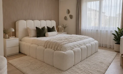 Luna Round Polsterbett in Creme – Wohnbeispiel