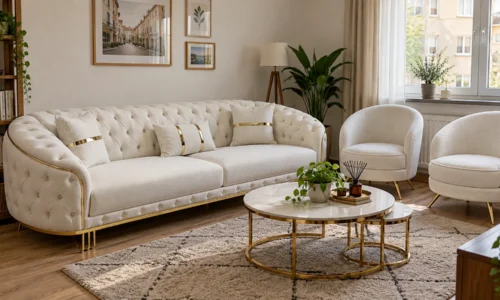 Lusso Chester Sofagarnitur in Creme und Gold – Wohnbeispiel