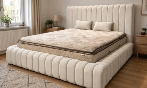 Tall Line Polsterbett in Creme – Wohnbeispiel